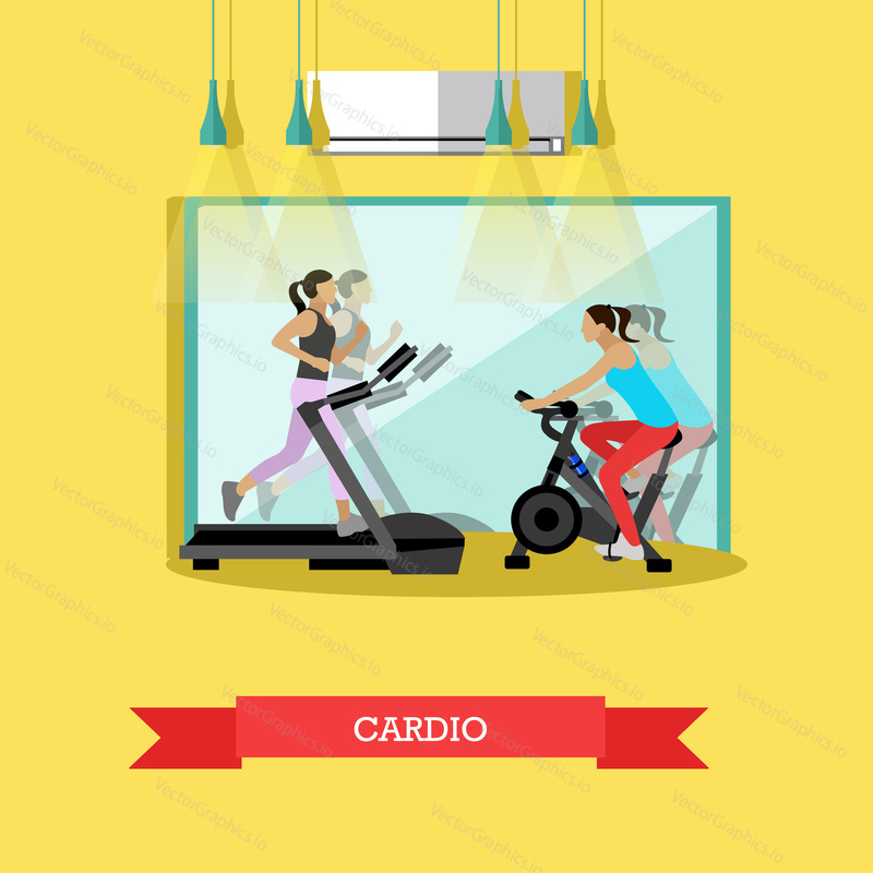 Young girls are working out cardio exercises in the gym, running on a treadmill, riding a stationary bike. Fitness studio with big mirror and sports equipment. Vector illustration in flat design