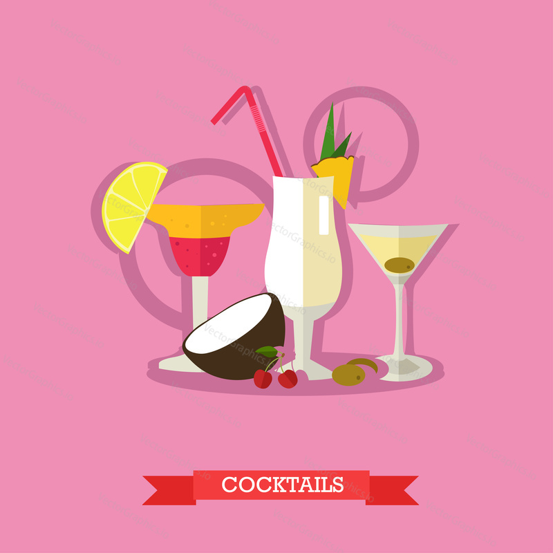 Vector illustration of three glasses alcoholic cocktails with tropical fruits. Popular alcoholic beverages, Margarita, Pina colada and Dry Martini. Flat design