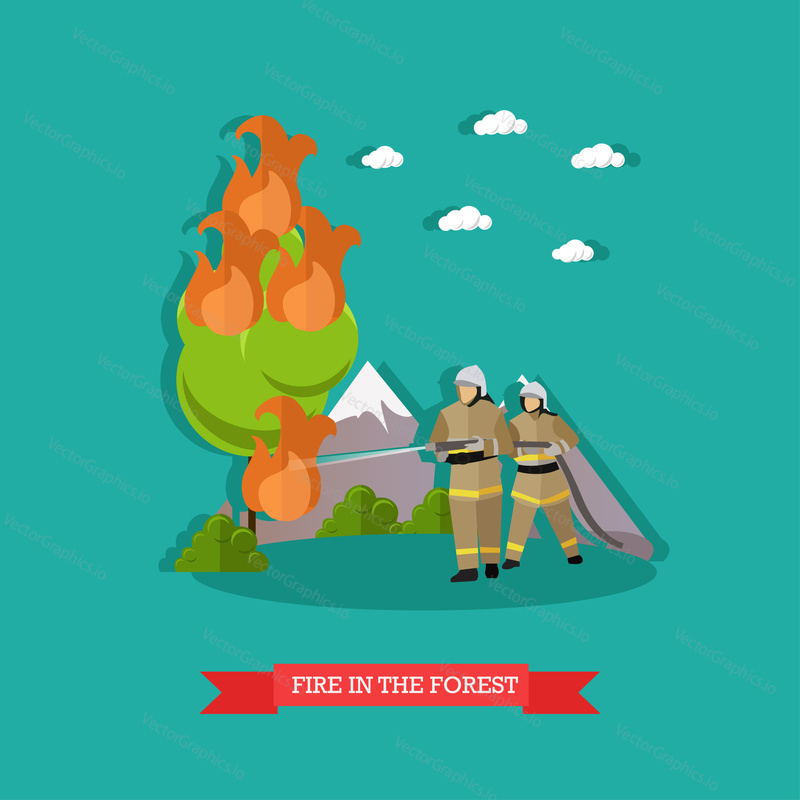 Vector illustration of fire in the forest in flat style. Firefighters in uniform fighting fire with water hose.