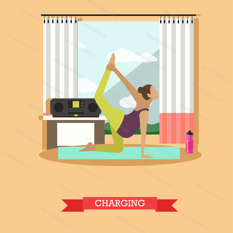 Pregnant girl doing morning exercises to the music. Asana on the yoga Mat, sports water bottle, tape recorder and an open window nearby. Vector illustration in flat design