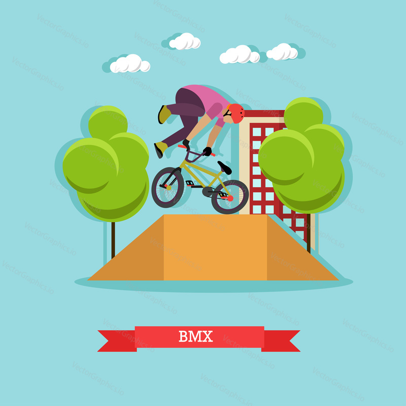 BMX cyclist performing stunt in the skatepark on the street. Guy doing a tail whip at ramp. Extreme sport. Flat design vector illustration