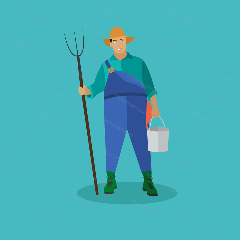 Farmer with pitchfork and bucke. Vector illustration in flat style.