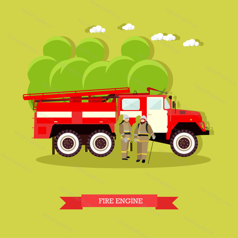 Векторная иллюстрация красной пожарной машины в плоском стиле. Транспортное средство, перевозящее пожарных и оборудование для тушения пожаров. Пожарная машина и пожарные в униформе.