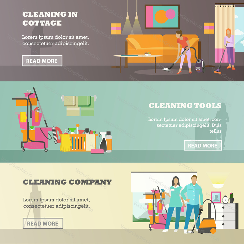 Vector set of cleaning service concept horizontal banners in flat style. Cleaning company, Cleaning in cottage and cleaning tools design elements.