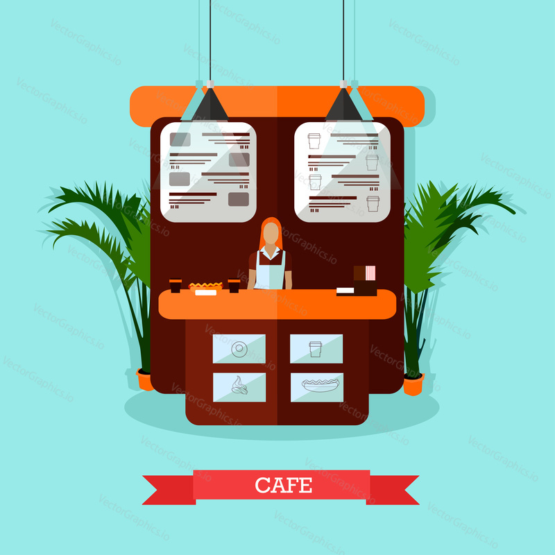 Vector illustration of young woman standing behind of bar counter. Cafe interior design in flat style.