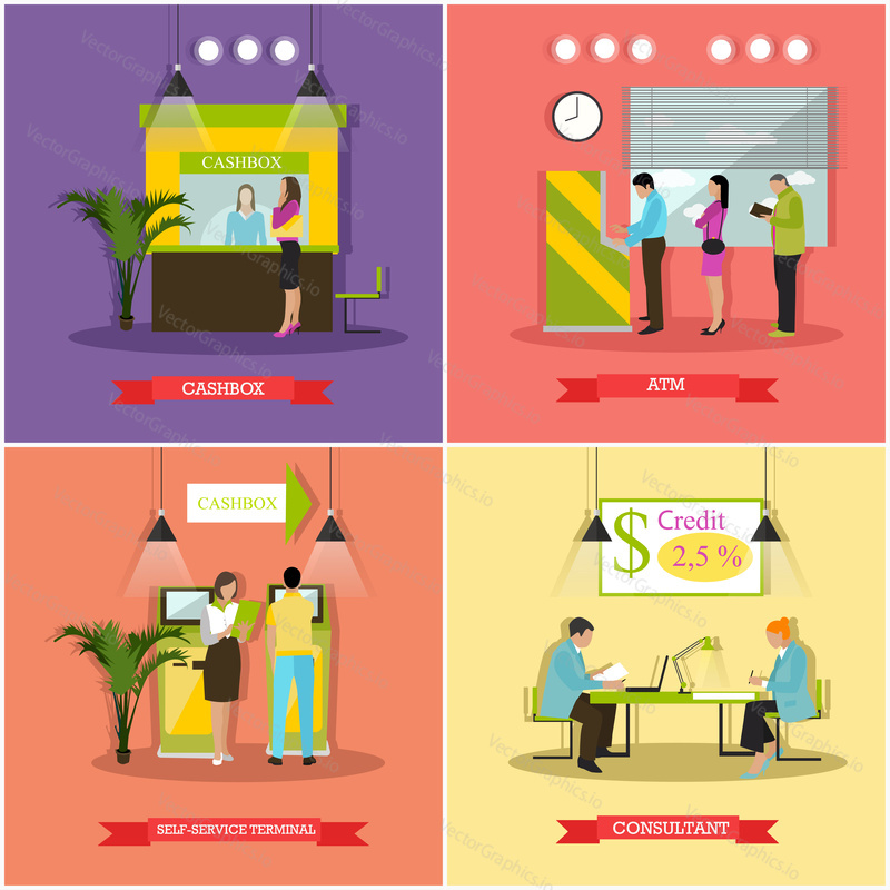 Vector set of banners, posters with cashbox, ATM, consultant, self-service terminal. Banking and finance concept design elements in flat style