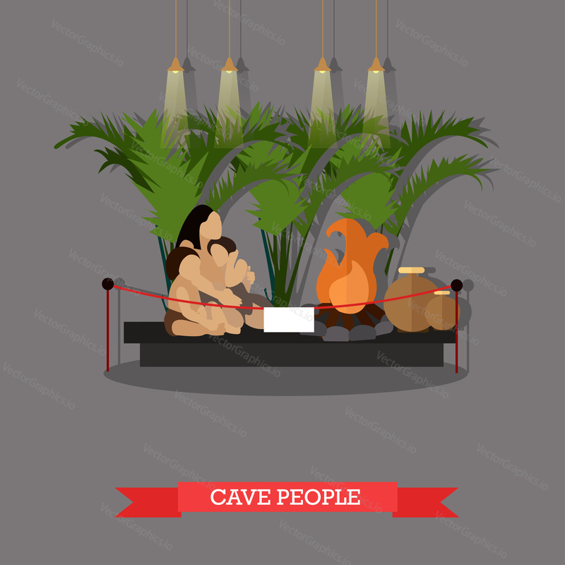 Vector illustration of cave people exposition in museum in flat style. Paleolithic primitive family, museum interior.
