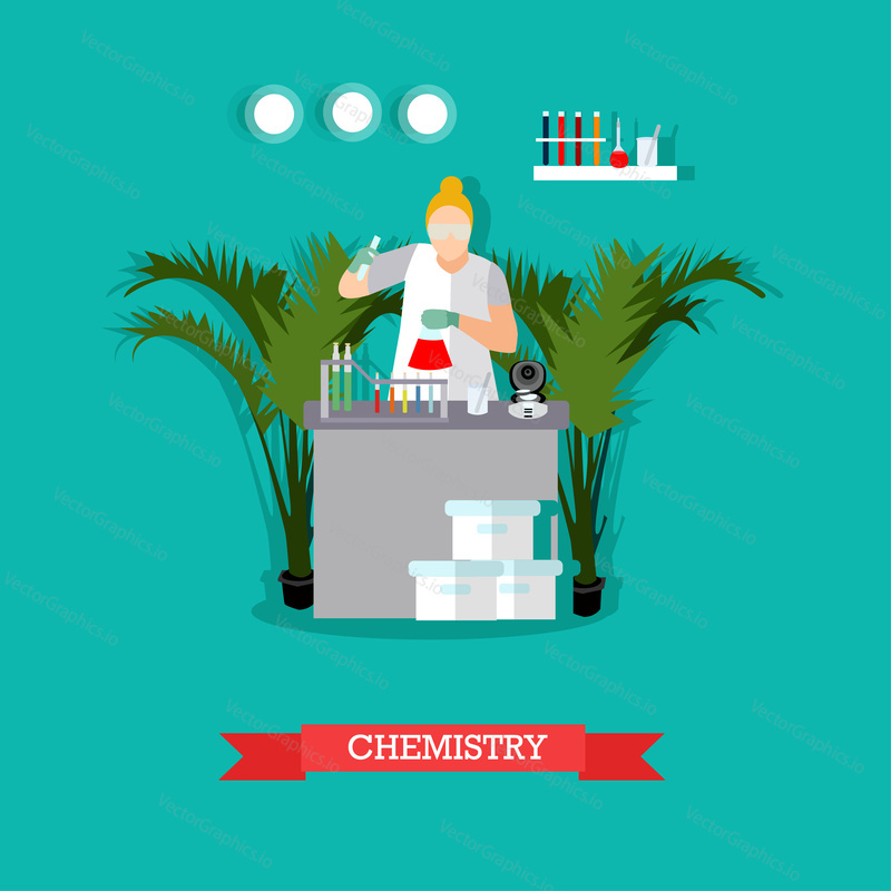 Chemical laboratory concept vector illustration in flat style. Chemist woman in protective clothes, glasses and gloves is testing chemical elements. Laboratory interior and glassware.