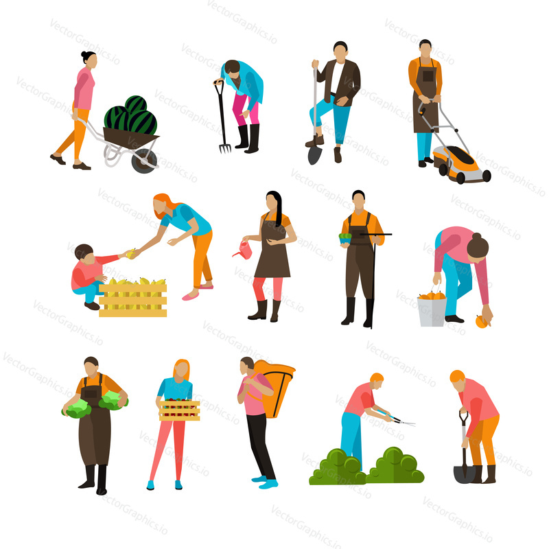 Set of garden people activities with different special equipment. Digging, picking, harvesting, mowing, watering, trimming. Horticulture, agriculture. Vector illustration in flat design