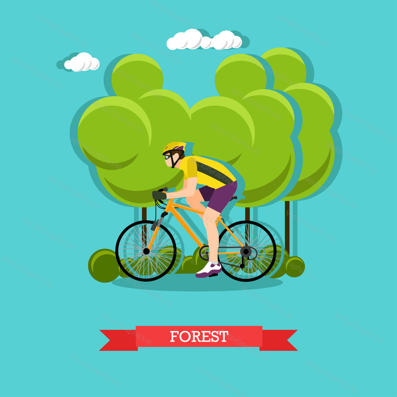 Vector illustration of cyclist riding on bike in the forest. Sports equipment, helmet, gloves, glasses, sneakers and bicycle. Forest landscape. Flat design