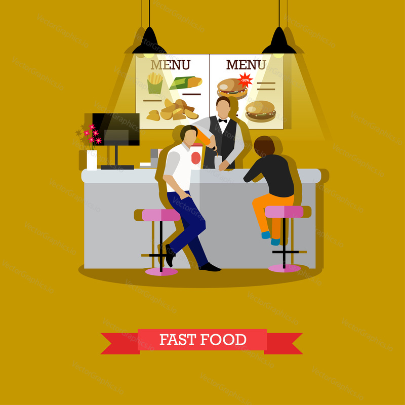 Fast food concept vector illustration in flat style. Man serving visitors young man and woman. Fast food restaurant interior.
