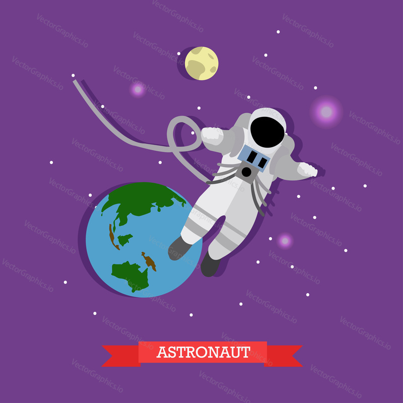 Vector illustration of flying astronaut in outer space, planet Earth and Moon. Man in spacesuit and helmet. Space exploration concept design element in flat style.