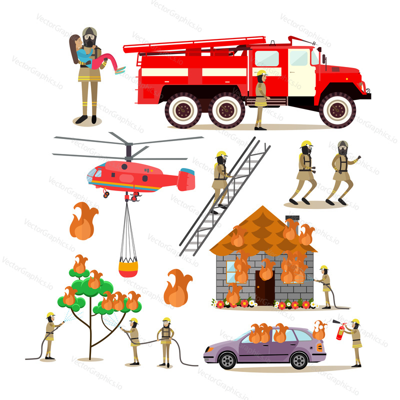 Набор векторных иконок людей профессии пожарного, изолированных на белом фоне. Пожарная машина, вертолет, пожарные, спасающие людей, лес, транспорт и дом от огня, элементы дизайна в плоском стиле.