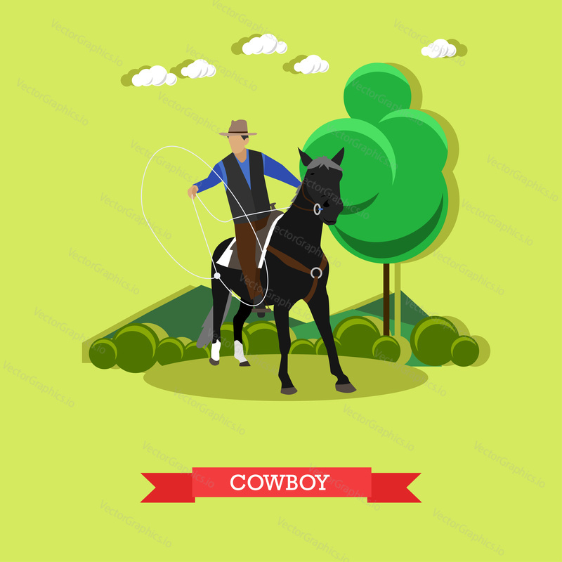 Cowboy riding a horse and takes aim to throw a lasso. Wild West vector illustration in flat design