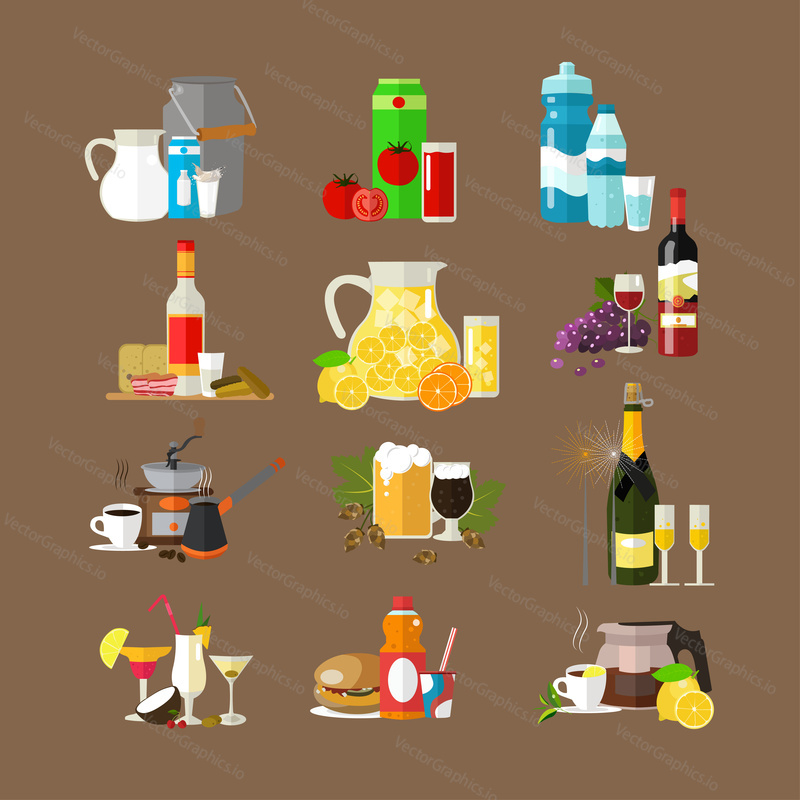 Vector set of beverages icons. Milk, tomato juice, mineral water, vodka, lemonade wine coffee beer champagne cocktails soda tea. Popular drinks. Flat design