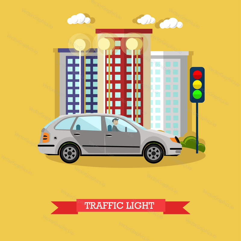 Traffic light concept vector illustration in flat design. Car stopped at the traffic lights.
