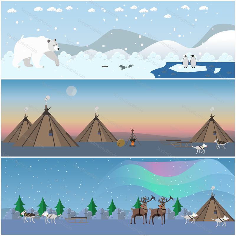 Vector set of wild north landscape posters, banners. Northern lights, arctic animals and eskimo people houses flat style design elements.