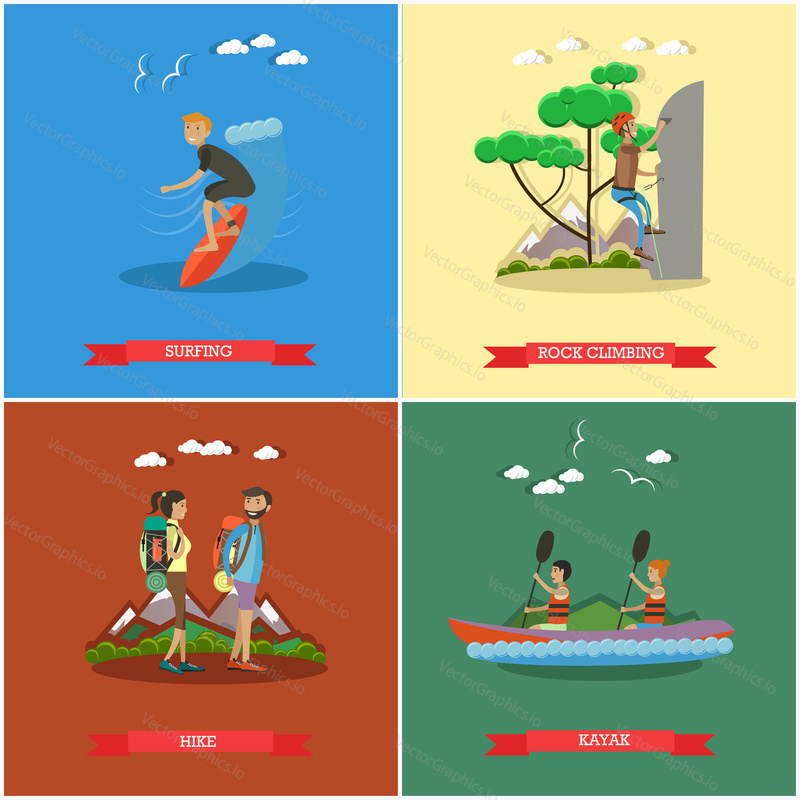 Vector set of summer outdoor activities concept posters, banners. Surfing, Rock climbing, Hike, Kayak design elements in flat style.