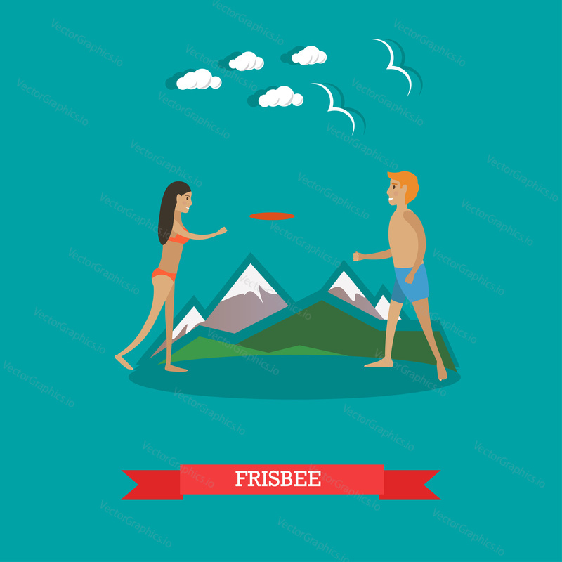 Vector illustration of young man and woman playing frisbee on the beach. Summer vacation, outdoor games concept design element in flat style.