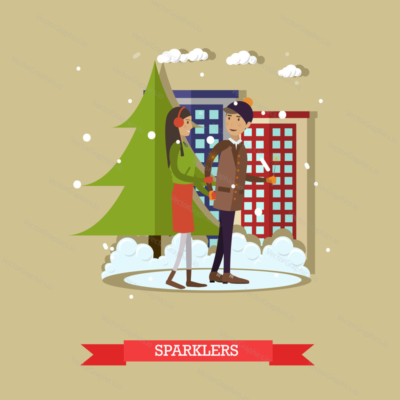 Vector illustration of young man and woman walking in the street with sparklers. Christmas time, winter cityscape, cartoon characters. Happy New Year design element in flat style.