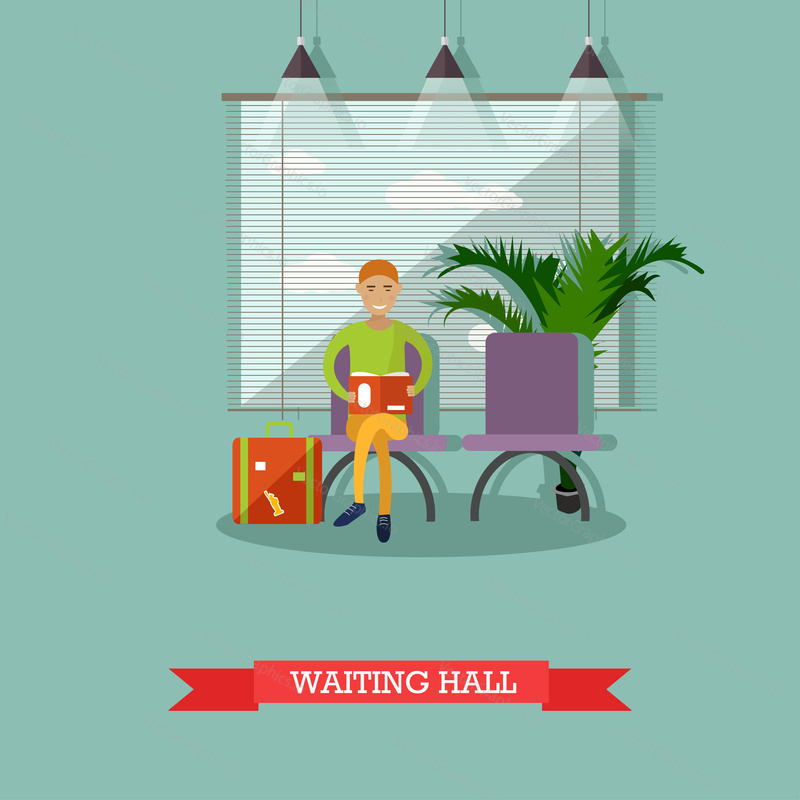 Vector illustration of passenger young man sitting on chair in airport waiting hall. Departure lounge. Travel by plane concept design element in flat style.