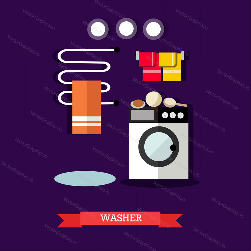 Vector illustration of washer and accessories for laundry in flat style. Bathroom interior design element.
