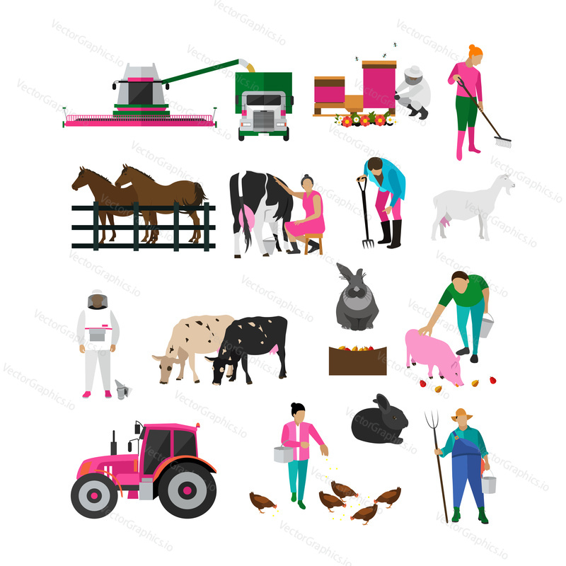 Set of village people activities with different special equipment. Feeding animals, cattle breeding, harvesting wheat, beekeeping, digging, milking. Agriculture, farming. Flat design