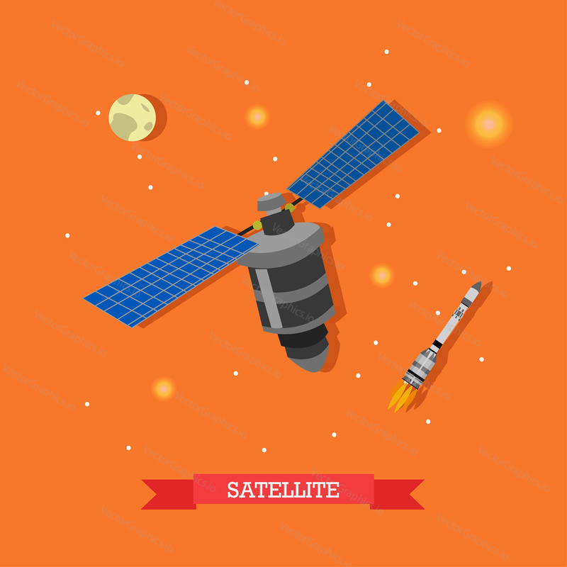 Vector illustration of artificial satellite, launched rocket and planet Earth. Space and telecommunications concept design element in flat style.