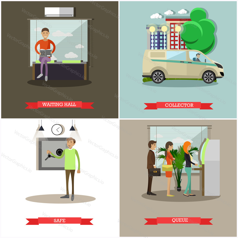 Vector set of banking concept posters. Waiting hall, collector, safe and queue design elements in flat style.