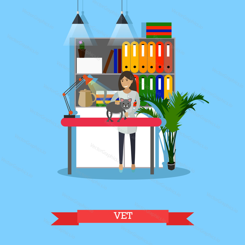 Vector illustration of vet woman inspecting cats injured paw. Vet, veterinary surgeon, veterinarian, medical profession concept design element in flat style.