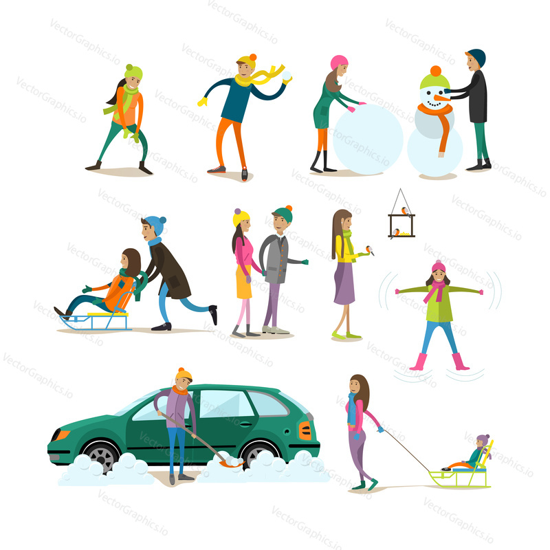 Vector set of characters sledding, playing snowballs, making snowman, feeding bullfinches, shovelling away snow. Winter activities concept design elements, isolated on white background, in flat style.