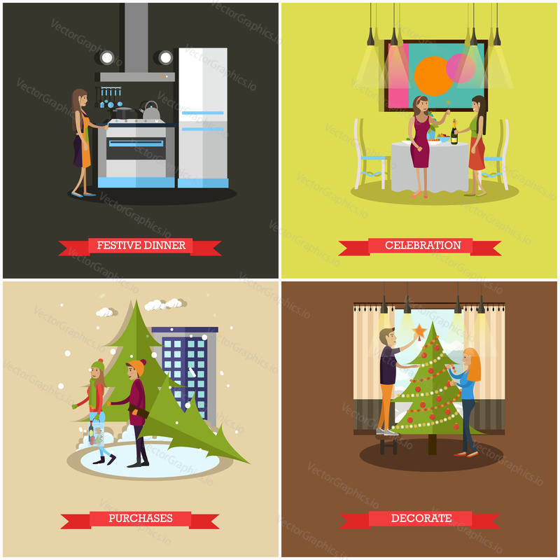 Vector set of holiday preparation and celebration concept posters, banners. Festive dinner, Celebration, Decorate, Purchases design elements in flat style. Merry Christmas and Happy New Year.