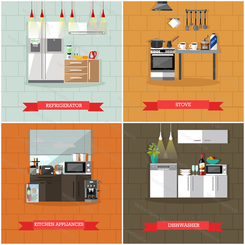 Vector set of kitchen interior posters, banners with kitchen appliances, refrigerator, stove, dishwasher. Home interior, illustration in flat style