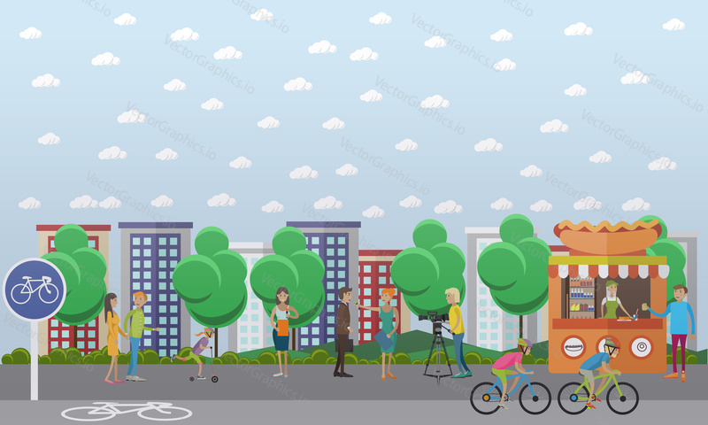 Vector illustration of people doing interview in the street. The news reporter, journalist, anchorman, videographer characters. Mass media jobs, TV broadcast concept design element in flat style.