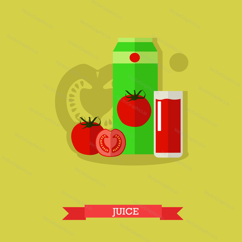 Vector illustration of juice carton, glass full of tomato juice and fresh ripe tomato and tomato slices. Popular nonalcoholic beverage with refreshing sour, salty, sweet taste. Flat design