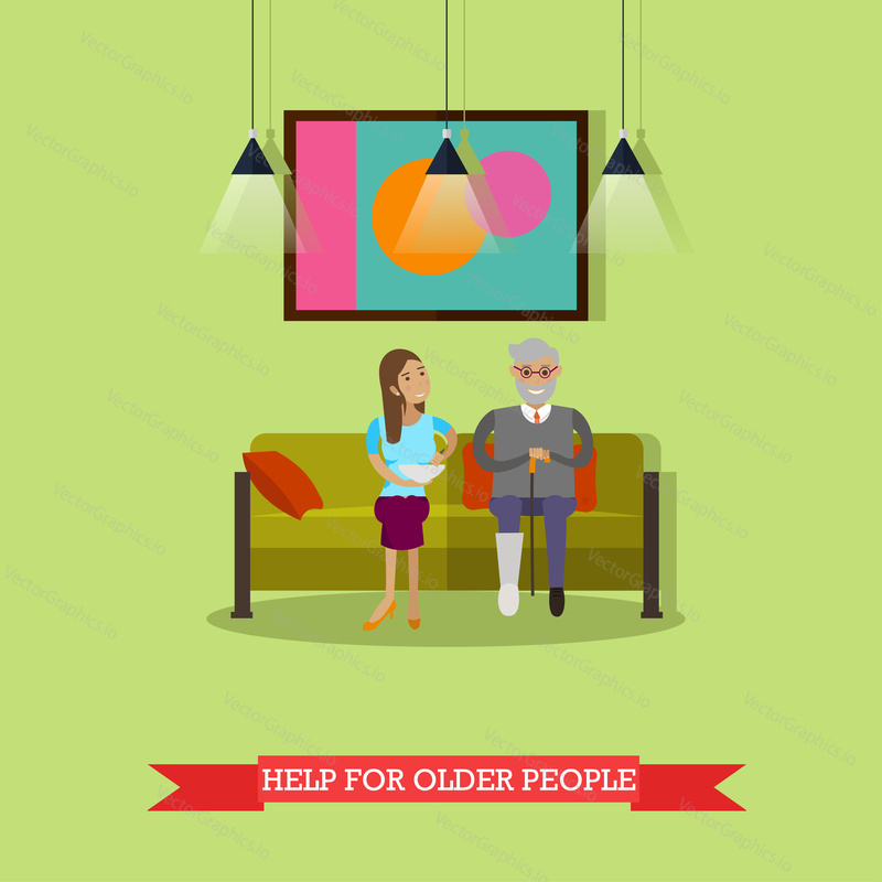 Vector illustration of volunteer young woman helping older man with food. Voluntary organizations services concept design element in flat style.