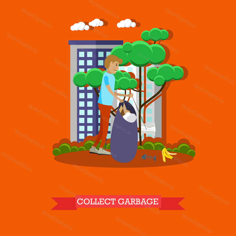 Vector illustration of volunteer man collecting garbage in the park, in the street. Voluntary organizations services concept design element in flat style.