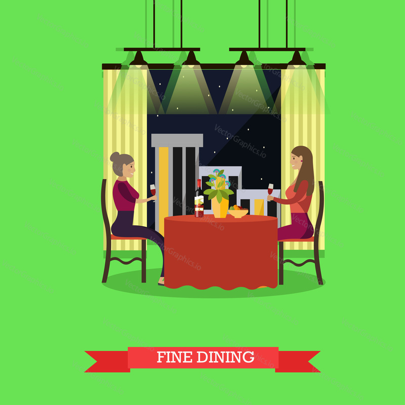 Vector illustration of two young woman having dinner at restaurant. Fine dining concept design element in flat style.