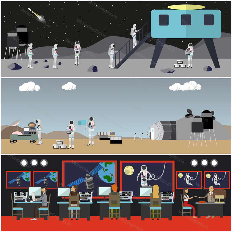 Vector set of space exploration concept posters, banners. Mission control center, astronauts in outer space, landing on Mars and on the Moon, space technologies in flat style.