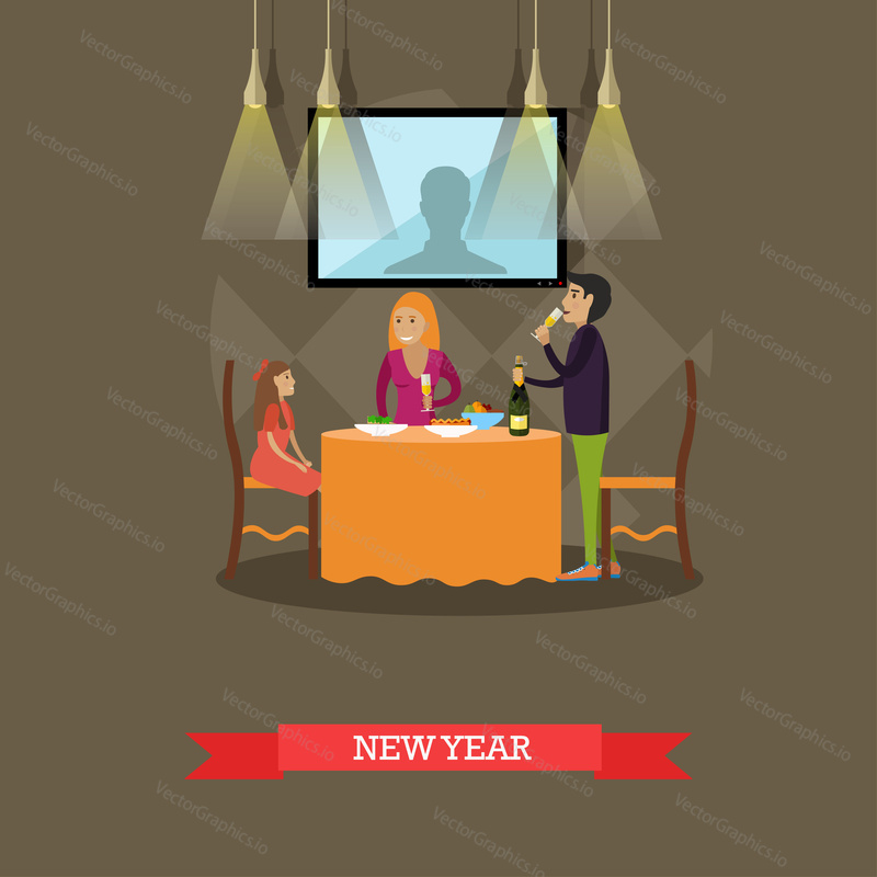 Vector illustration of family New Years eve celebration. Father, mother and daughter having festive dinner, adults with glasses of champagne. Family traditions concept design element in flat style.