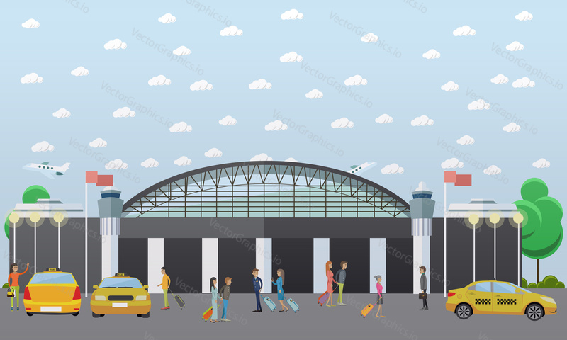 Airport taxi service concept vector illustration in flat style. Taxi stand.
