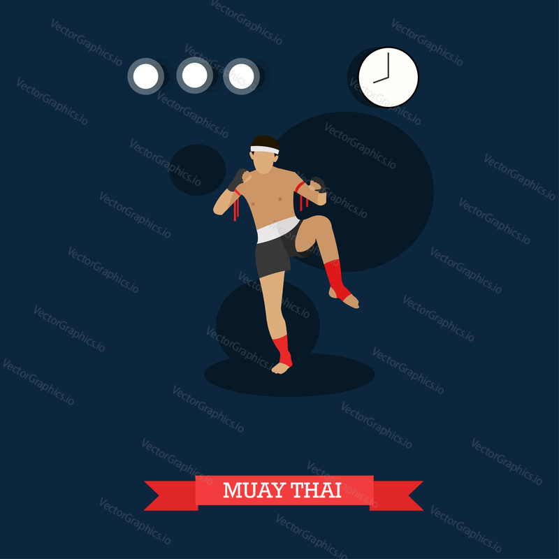 Muay Thai fighter kicking. Thai boxing training. National martial art from Thailand. Vector illustration in flat design