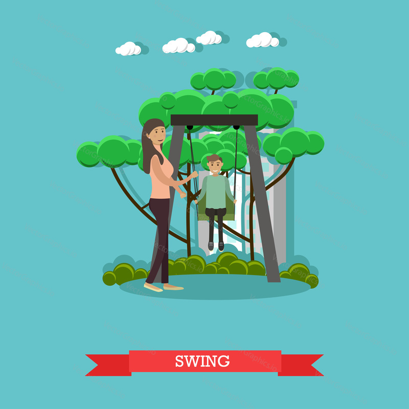 Vector illustration of mother swinging her son in the playground. Family concept design element in flat style.