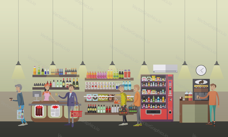 Vector illustration of salesgirl, people shopping, making coffee using coffee machine, food machine. Coffee shop concept design elements in flat style.