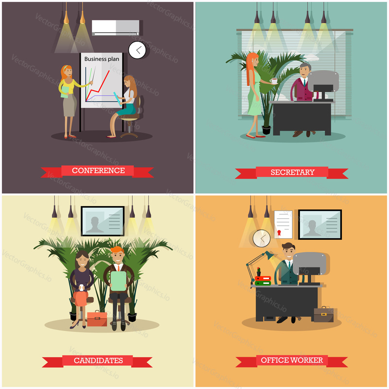 Vector set of business people concept posters, banners. Conference, Secretary, Candidates, Office worker design elements in flat style.
