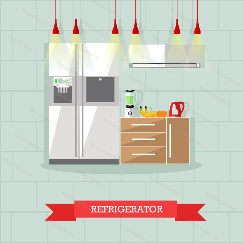 Modern kitchen interior. Vector illustration in flat style. Room furniture, oven.