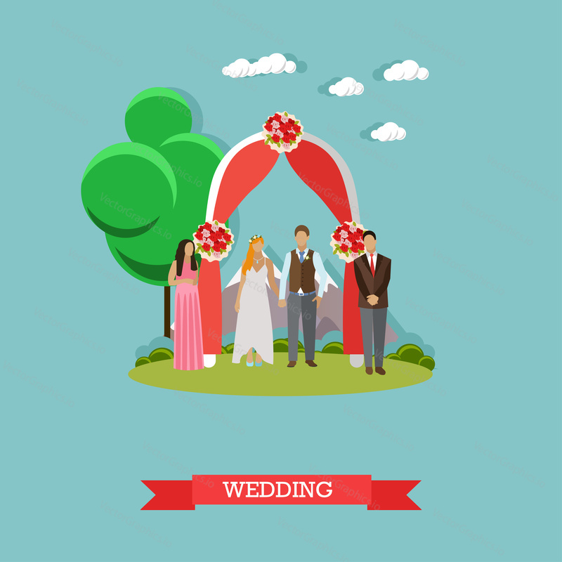 Just married couple concept vector illustration. Design elements and icons in flat style.