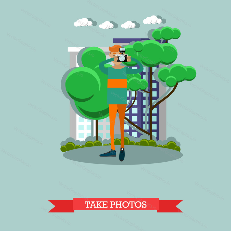 Vector illustration of photographer taking photo in the street. Camera operator, correspondent, paparazzi character in flat design.