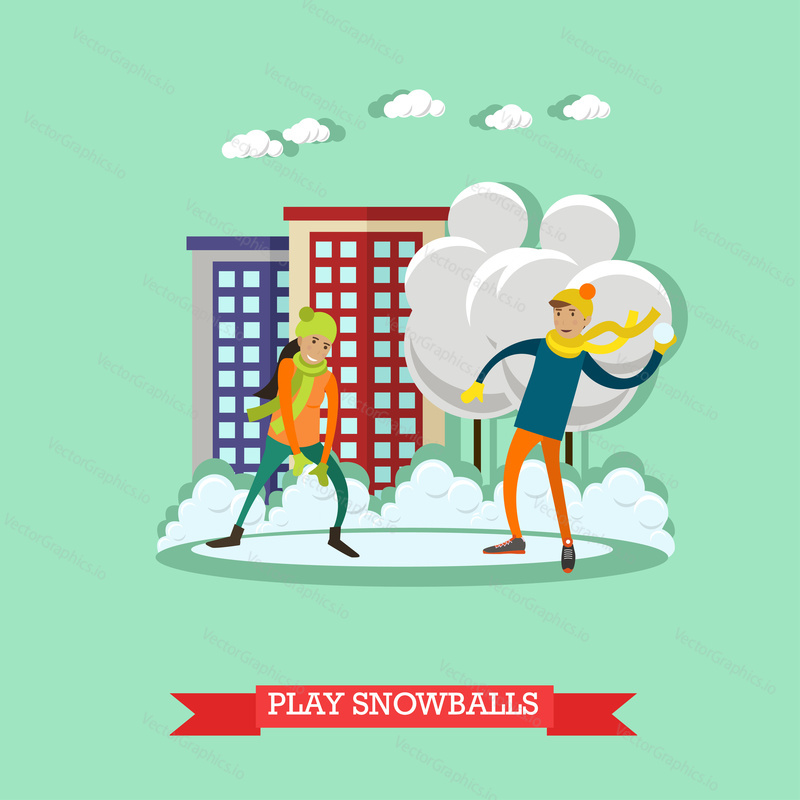 Vector illustration of boy and girl playing snowballs. Winter people activities concept design element in flat style.