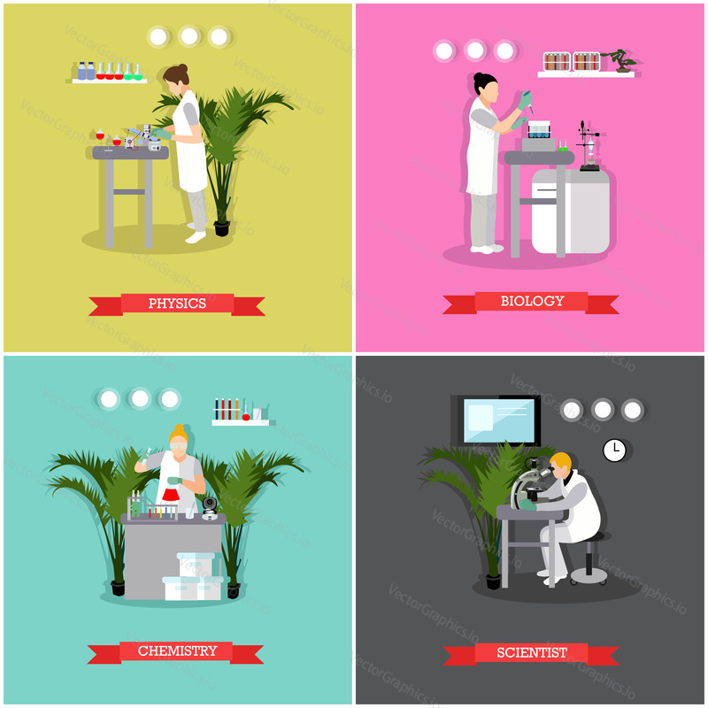 Vector set of banners, posters with different kinds of laboratories and people working there - biologists, chemists, physicists. Scientific research laboratory concept design elements in flat style.